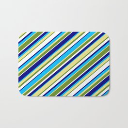 [ Thumbnail: Colorful Blue, Deep Sky Blue, Tan, Green & White Colored Lined Pattern Bath Mat ]
