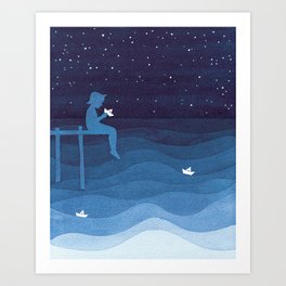 Boy with paper boats, blue Art Print
