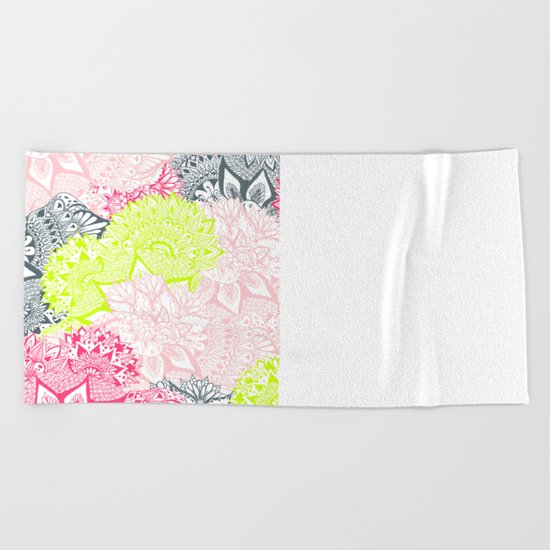 Bright neon yellow henna floral paisley pattern Beach Towel