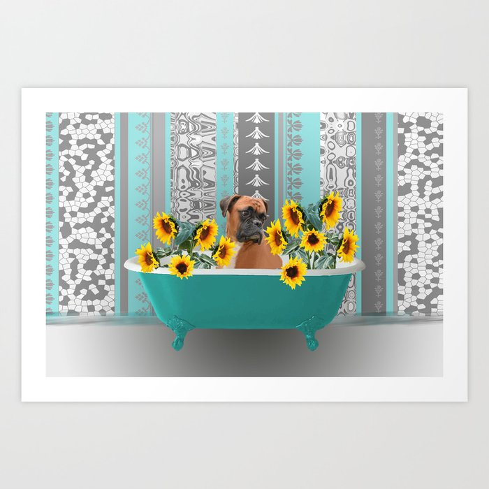Turquoise Bathtub with Boxer dog and sunflowers Art Print