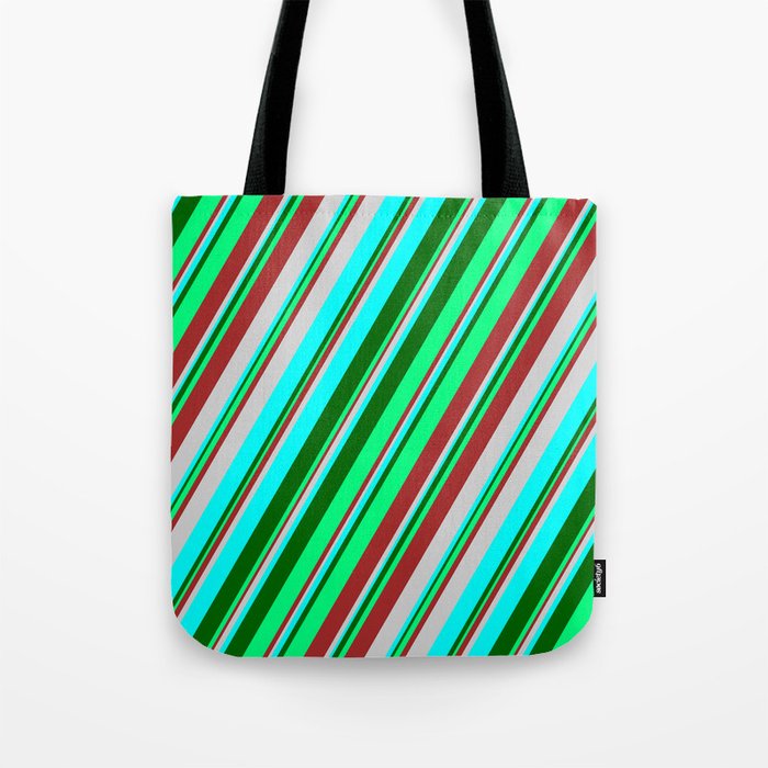 Colorful Brown, Light Grey, Cyan, Dark Green, and Green Colored Stripes Pattern Tote Bag