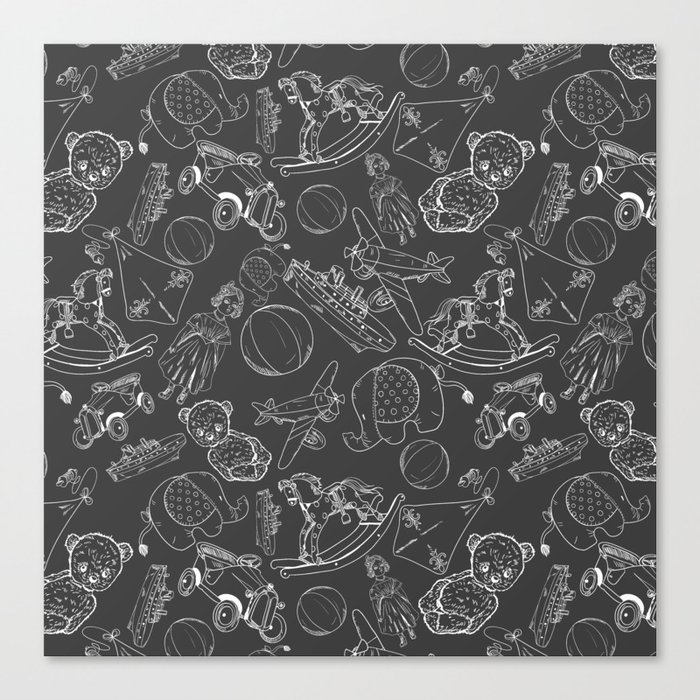 Dark Grey and White Toys Outline Pattern Canvas Print