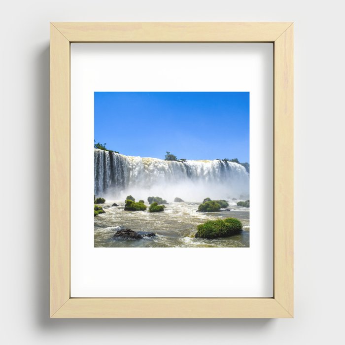 Brazil Photography - The Beautiful Iguazu Falls Under The Clear Blue Sky Recessed Framed Print