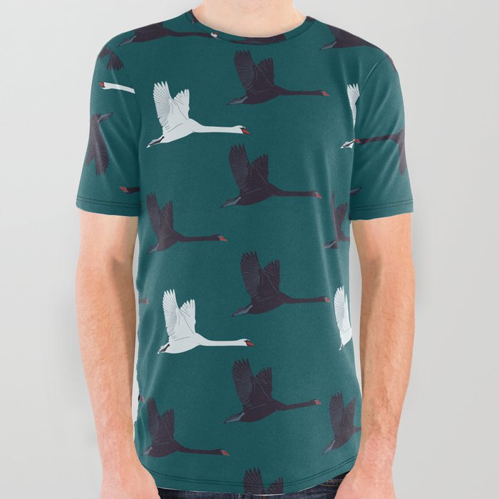 Flying Elegant Swan Pattern on Teal Blue Background All Over Graphic Tee