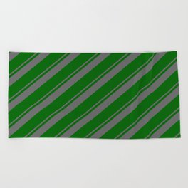 [ Thumbnail: Dim Grey & Dark Green Colored Lined Pattern Beach Towel ]