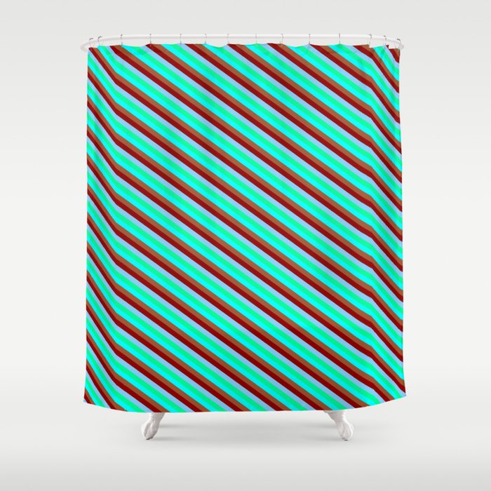 Colorful Sienna, Dark Red, Light Sky Blue, Green, and Aqua Colored Lined/Striped Pattern Shower Curtain