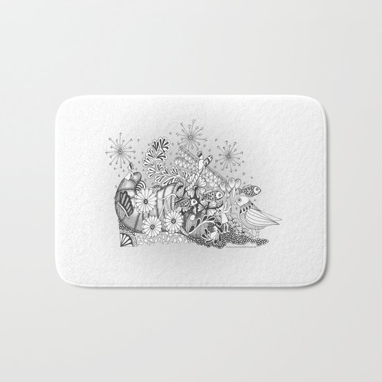 Zentangle Kids World - Black and White Illustration Bath Mat