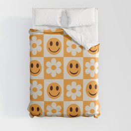 Orange and white checkered flowers and smiley faces pattern  Duvet Cover | Orange, Retro, 1960S, Spring, Checkered Squares, Summer, Flowers, Dorm Room, Funny, Yasmine Patterns 