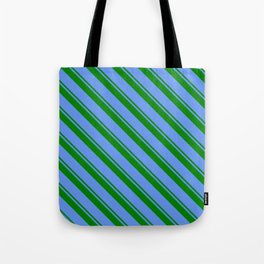 [ Thumbnail: Green and Cornflower Blue Colored Pattern of Stripes Tote Bag ]