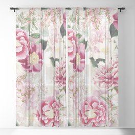 Vintage & Shabby Chic - Pink Chinoserie Flower Pattern Sheer Curtain