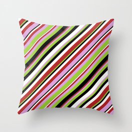 [ Thumbnail: Red, Plum, Green, Black & White Colored Lines Pattern Throw Pillow ]
