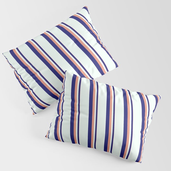 Dark Salmon, Midnight Blue & Mint Cream Colored Stripes Pattern Pillow Sham