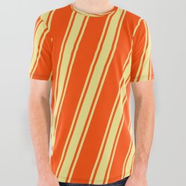 [ Thumbnail: Red & Tan Colored Lines Pattern All Over Graphic Tee ]