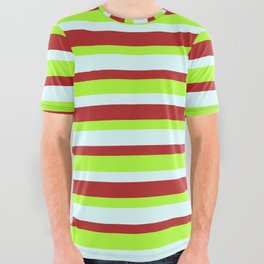 [ Thumbnail: Light Green, Light Cyan, and Red Colored Striped/Lined Pattern All Over Graphic Tee ]