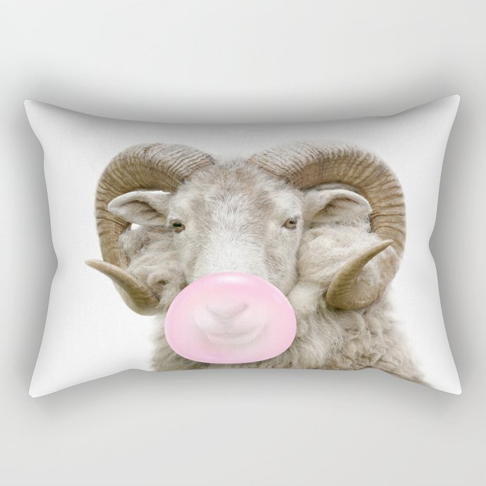 Sheep Ram Big Horn Blowing Bubble Gum, Print by Zouzounio Art Rectangular Pillow