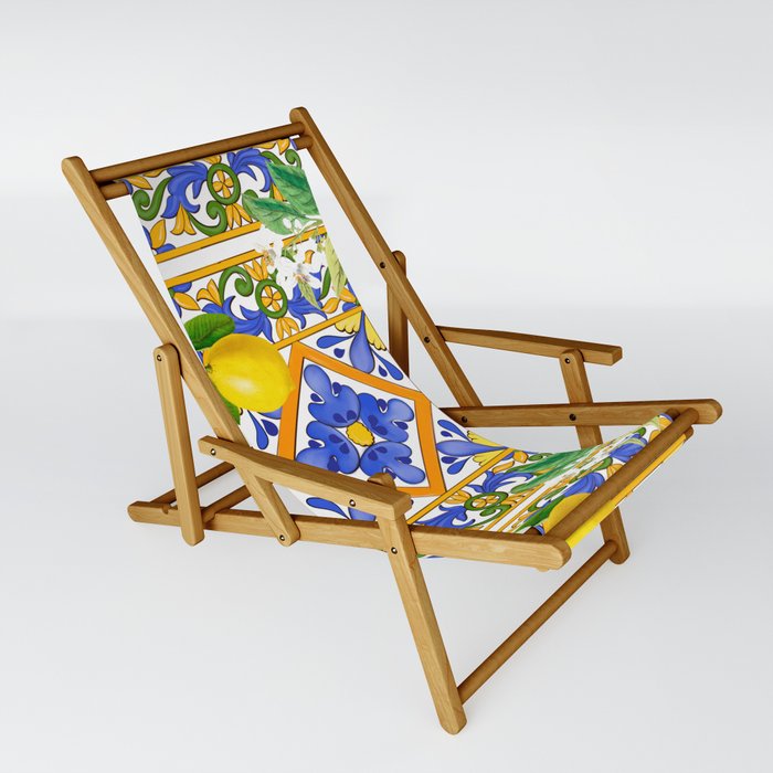 Summer ,Sicilian tiles ,citrus,oranges,majolica,lemons ,Mediterranean  Sling Chair