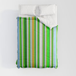[ Thumbnail: Eyecatching Lime, Goldenrod, Light Sky Blue, White, and Dark Green Colored Pattern of Stripes Comforter ]
