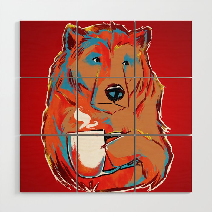 Bear with Coffee Mug Wood Wall Art