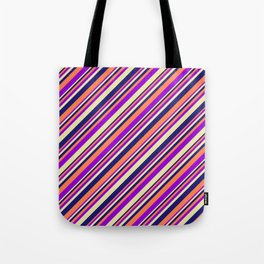[ Thumbnail: Coral, Dark Violet, Pale Goldenrod, and Midnight Blue Colored Lined/Striped Pattern Tote Bag ]