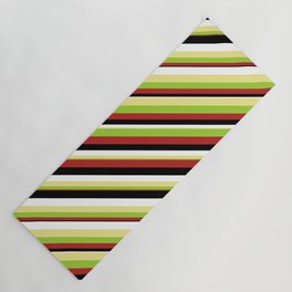 [ Thumbnail: Eye-catching Tan, Green, Red, Black & White Colored Striped/Lined Pattern Yoga Mat ]