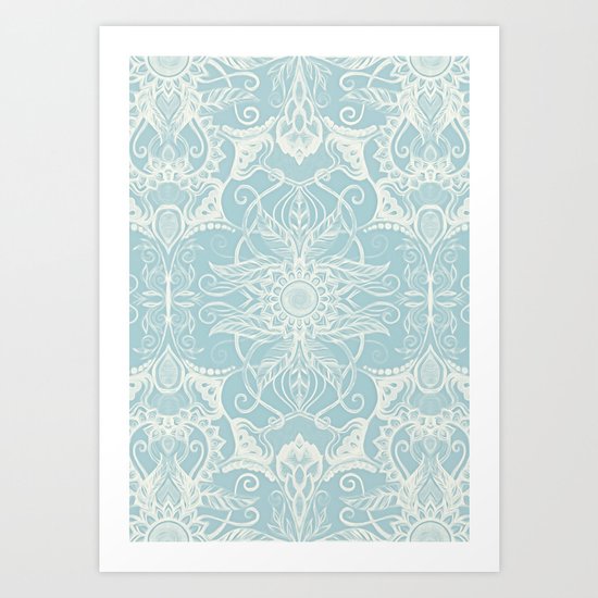 Floral Pattern in Duck Egg Blue & Cream Art Print