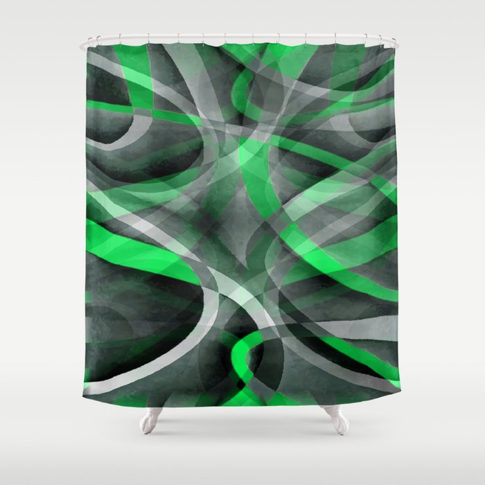 Eighties Green On Grey Abstract Curve Pattern Shower Curtain