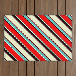 [ Thumbnail: Red, Turquoise, Light Yellow & Black Colored Lined/Striped Pattern Outdoor Rug ]
