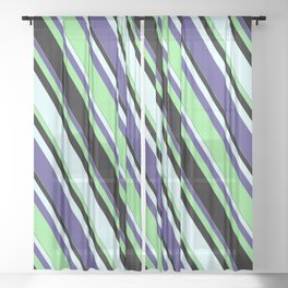 [ Thumbnail: Dark Slate Blue, Light Green, Black, and Light Cyan Colored Lined Pattern Sheer Curtain ]