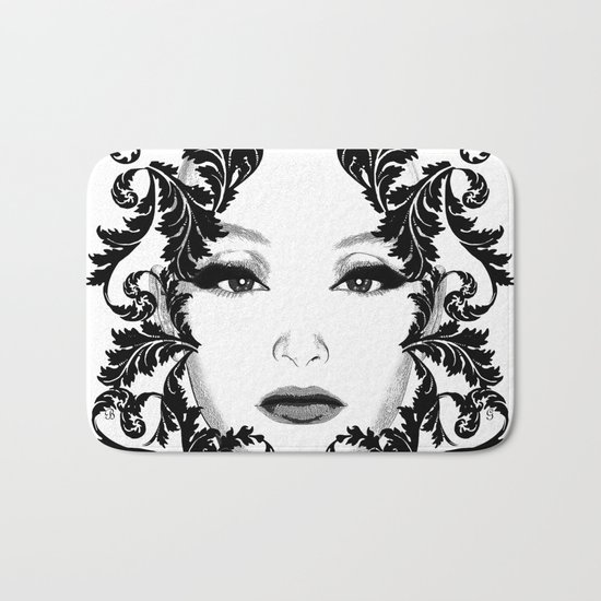 Black and white floral face ornament Bath Mat