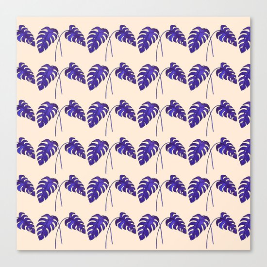 Indigo Monstera Leaf Watercolor on Blush Canvas Print