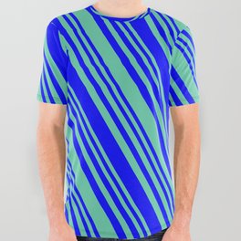 [ Thumbnail: Aquamarine and Blue Colored Lines/Stripes Pattern All Over Graphic Tee ]