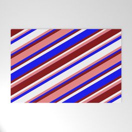 [ Thumbnail: Light Coral, Blue, Maroon, and White Colored Stripes Pattern Welcome Mat ]