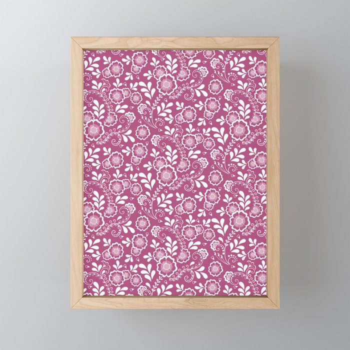 Magenta And White Eastern Floral Pattern Framed Mini Art Print