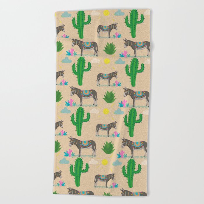 Cute donkey,cactus plants pattern,beige background  Beach Towel