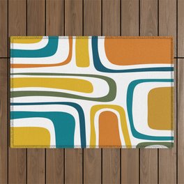 Palm Springs Midcentury Modern Abstract in Moroccan Teal, Orange, Mustard, Olive, and White Outdoor Rug