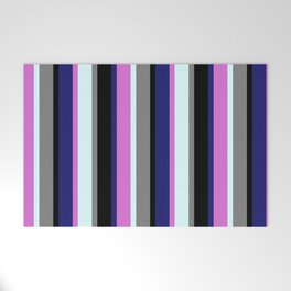[ Thumbnail: Eye-catching Midnight Blue, Orchid, Light Cyan, Gray, and Black Colored Stripes/Lines Pattern Welcome Mat ]