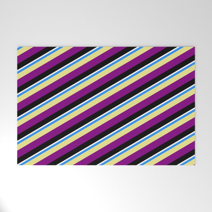 Vibrant Blue, Tan, Purple, Black, and White Colored Pattern of Stripes Welcome Mat