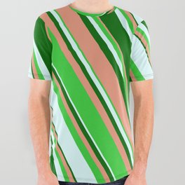 [ Thumbnail: Dark Salmon, Lime Green, Light Cyan, and Dark Green Colored Stripes/Lines Pattern All Over Graphic Tee ]