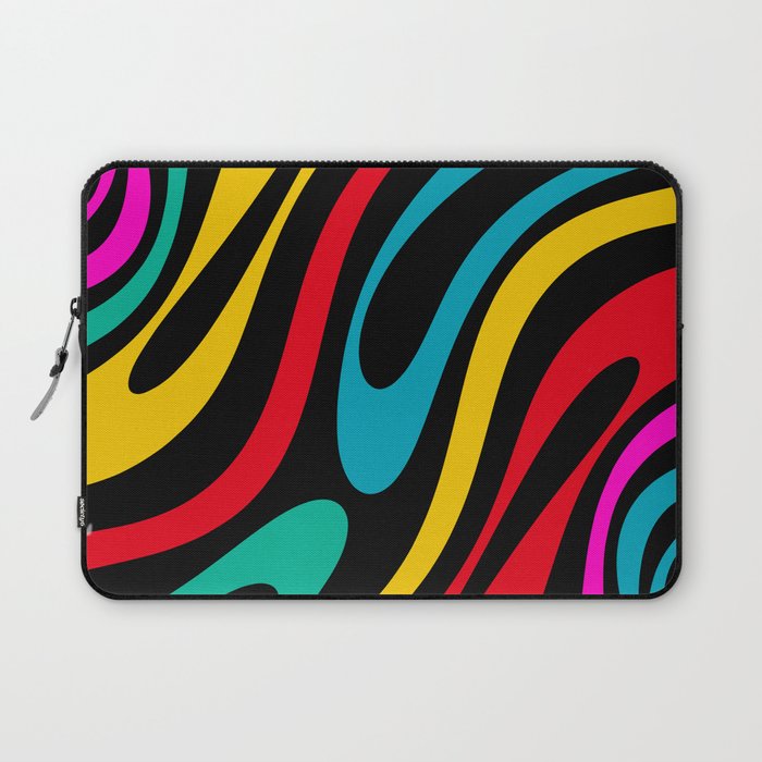 Wavy Loops Retro 80s Colorful Abstract Pattern on Black Laptop Sleeve