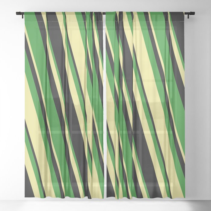 Black, Forest Green, and Tan Colored Stripes Pattern Sheer Curtain