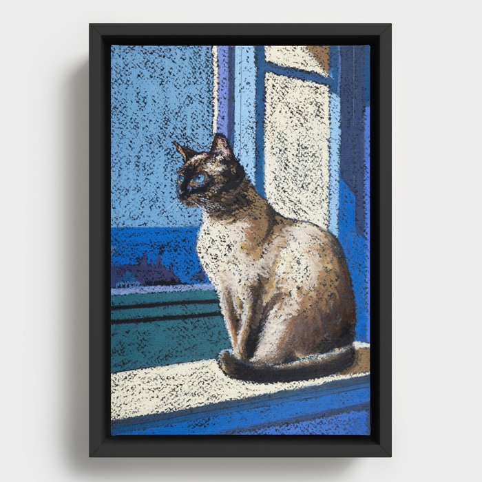 Siamese Cat Oil Pastel Drawing | Shades of Cool Blue | Original Modern Animal Artwork Framed Canvas