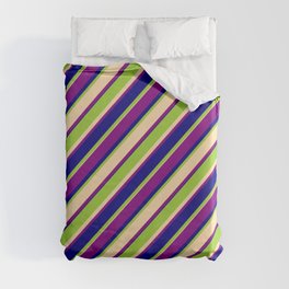 [ Thumbnail: Green, Tan, Purple & Blue Colored Lined Pattern Duvet Cover ]