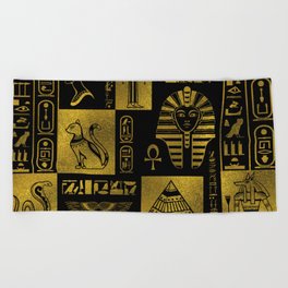 Egyptian  Gold hieroglyphs and symbols collage Beach Towel