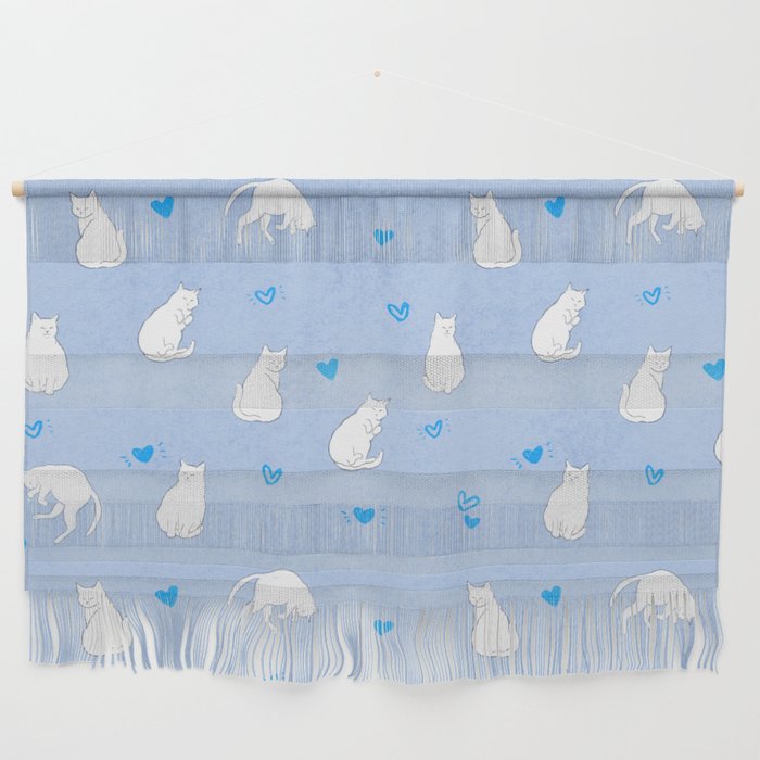 White Cats With Blue Hearts Pattern/Light Blue Background Wall Hanging