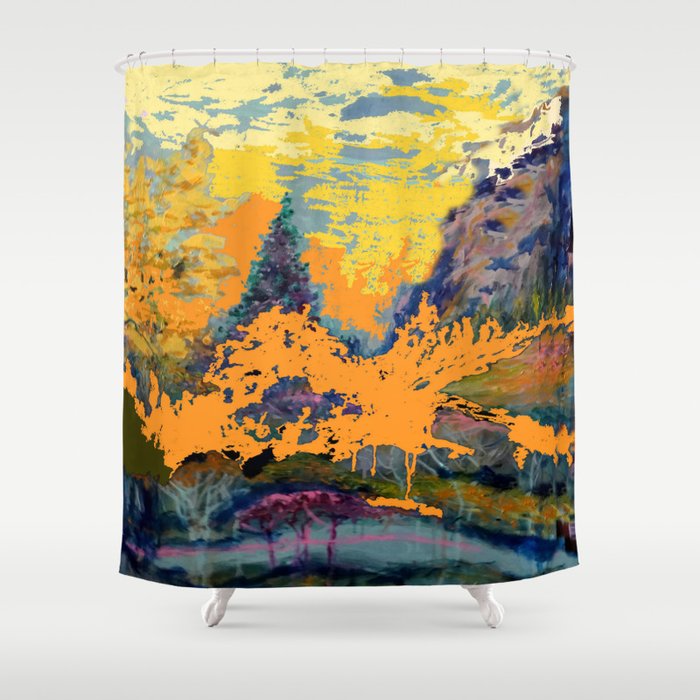 Contemporary Golden Aspens Mountain Landscape Painting Shower