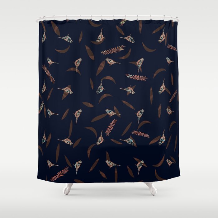 Graphic Birds and Leaves Brown and Navy Blue Shower Curtain