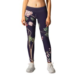 Chinoiserie Dark Blooming Peony Floral Fresco Garden Leggings | Peaceful, Asia, Nature, Mist, Chinese, Watercolor, Watercolour, Chinoiserie, Retro, Mountains 