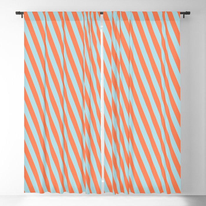 Coral and Powder Blue Colored Lined/Striped Pattern Blackout Curtain
