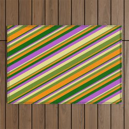 [ Thumbnail: Tan, Green, Dark Orange, Dark Green & Orchid Colored Lines Pattern Outdoor Rug ]