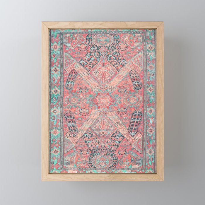 Blush Pink and Aqua Blue Antique Persian Rug Vintage Oriental Carpet Print Framed Mini Art Print